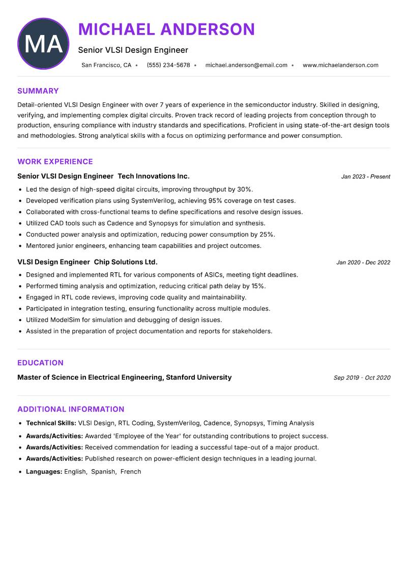 VLSI Design Engineer resume example — ATS-friendly template
