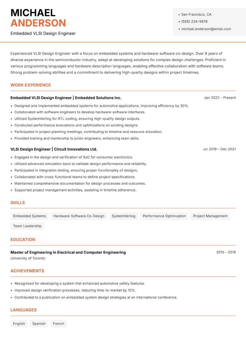 VLSI Design Engineer resume template — Modern Professional
