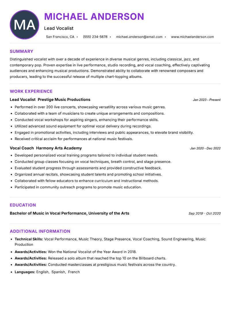 Vocalist resume example — ATS-friendly template