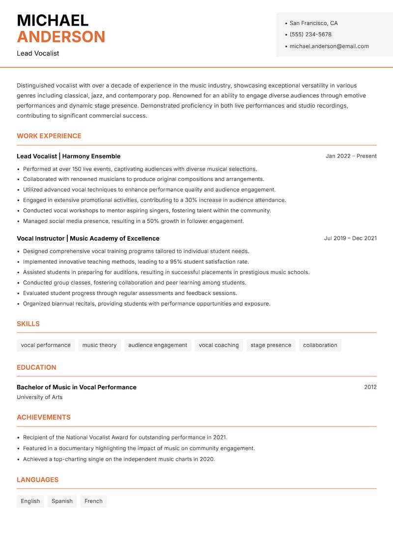 Vocalist resume template — Modern Professional