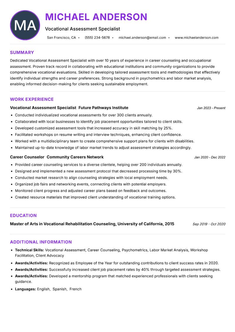 Vocational Assessment Specialist resume example — ATS-friendly template