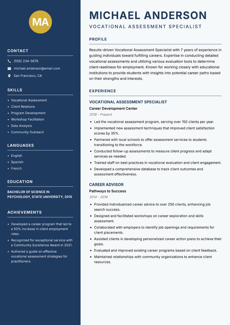 Vocational Assessment Specialist resume template — Classic Clean