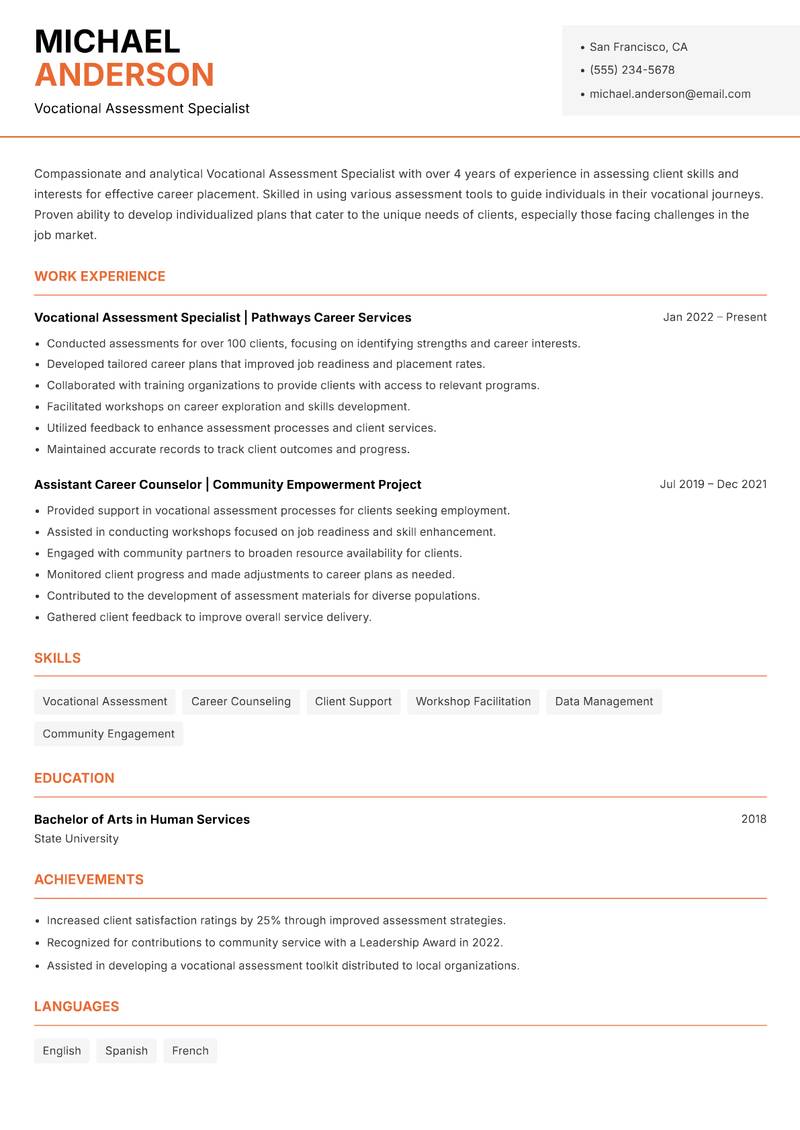 Vocational Assessment Specialist resume template — Modern Professional
