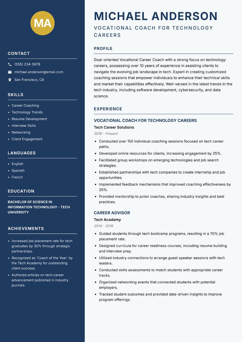 Vocational Career Coach resume template — Classic Clean