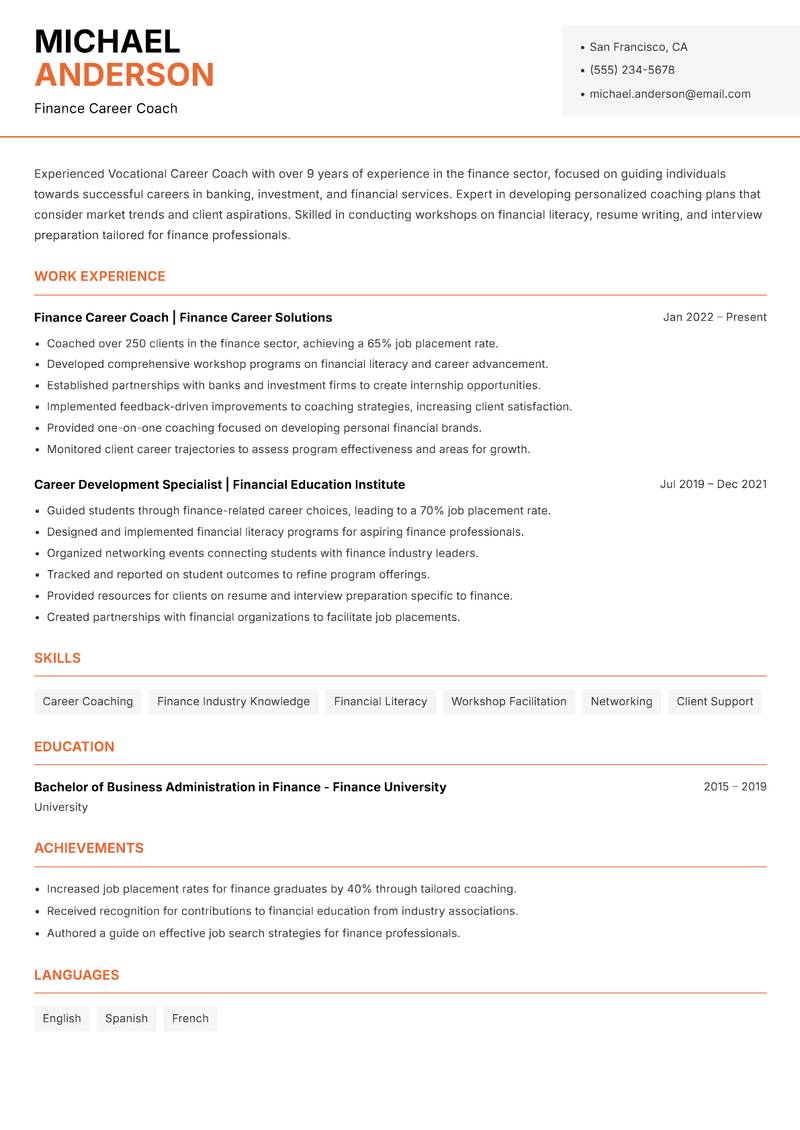 Vocational Career Coach resume template — Modern Professional