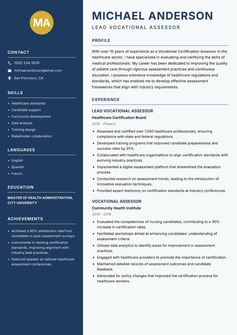 Vocational Certification Assessor resume template — Classic Clean