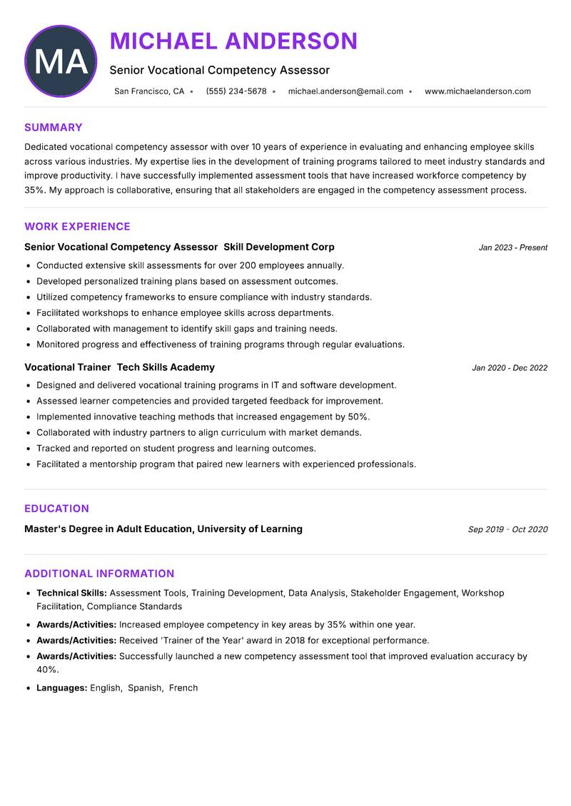 Vocational Competency Assessor resume example — ATS-friendly template