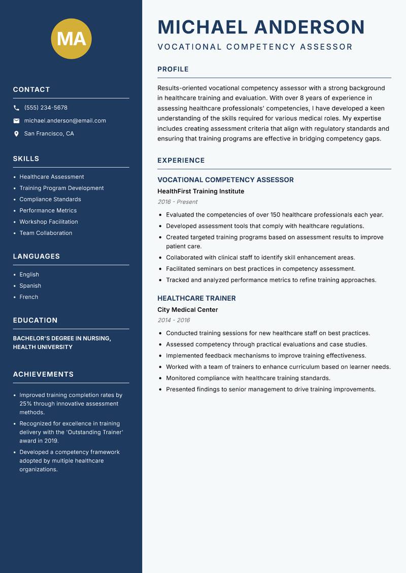 Vocational Competency Assessor resume template — Classic Clean
