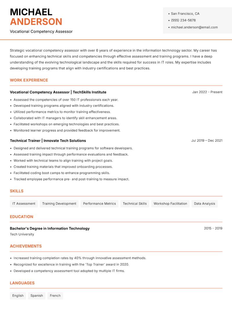 Vocational Competency Assessor resume template — Modern Professional