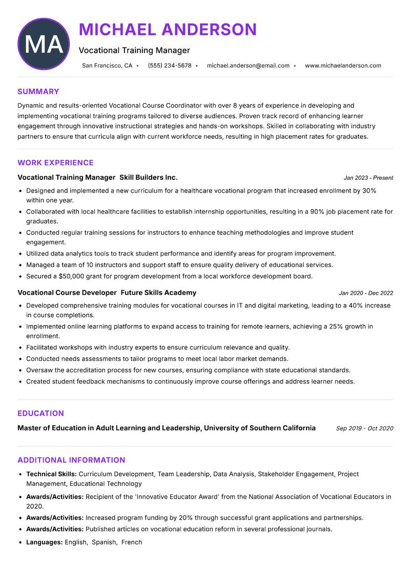 Vocational Course Coordinator resume example — ATS-friendly template