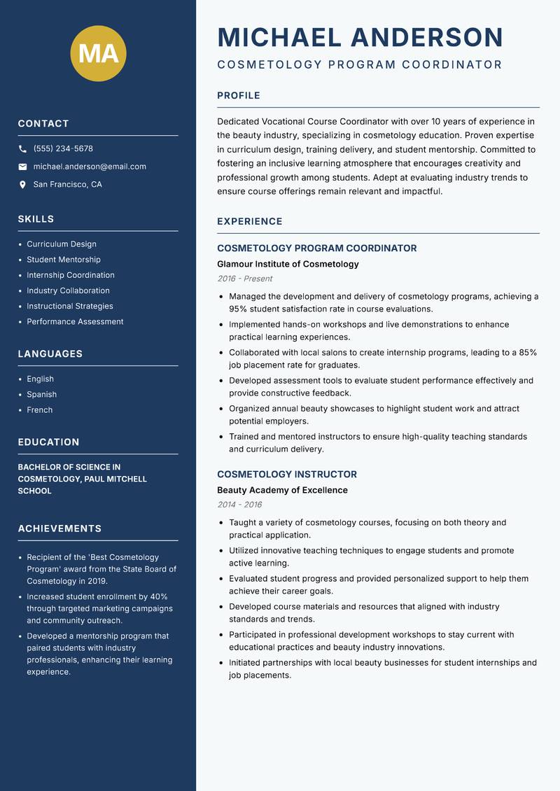 Vocational Course Coordinator resume template — Classic Clean