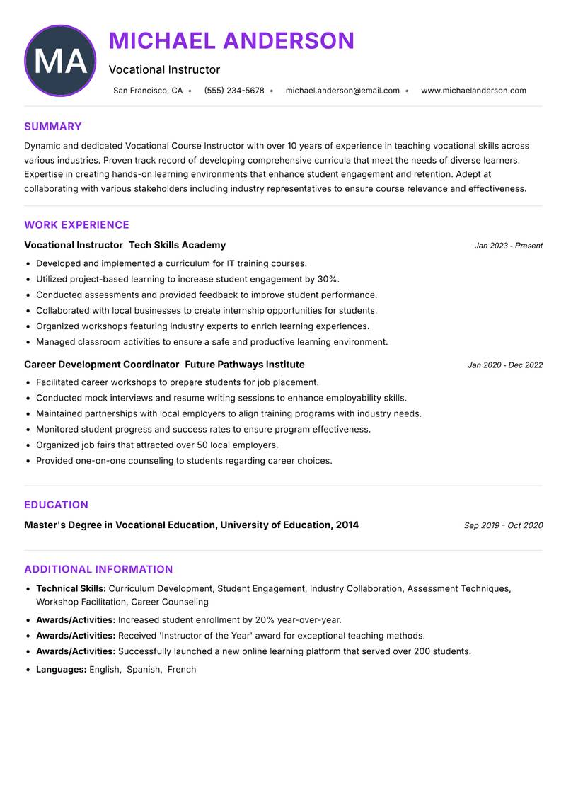 Vocational Course Instructor resume example — ATS-friendly template