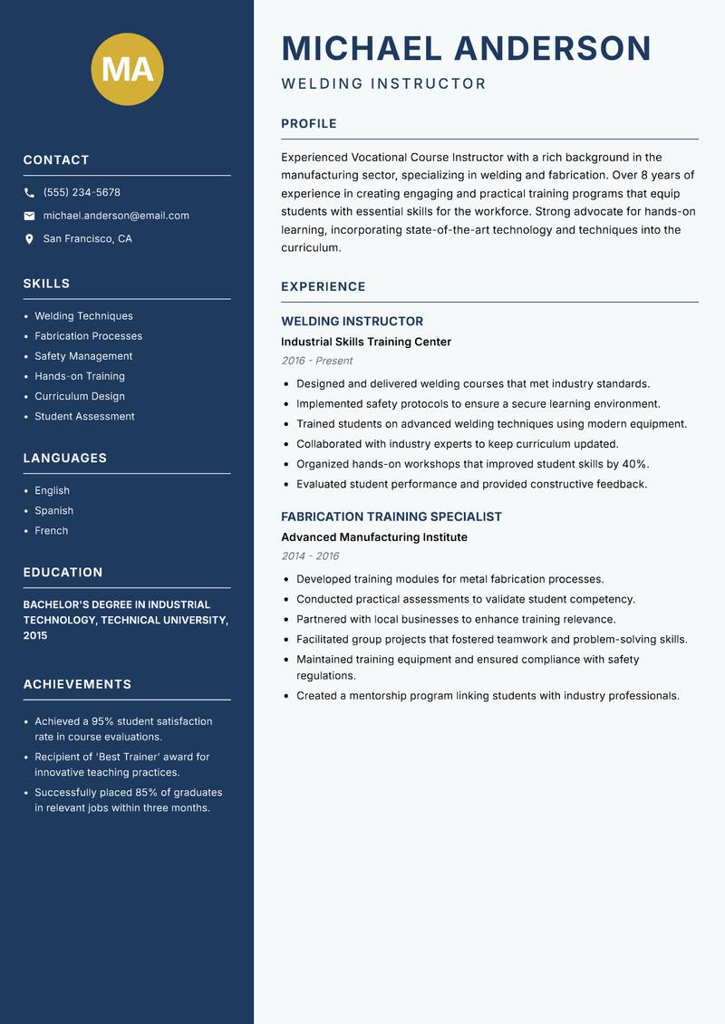 Vocational Course Instructor resume template — Classic Clean