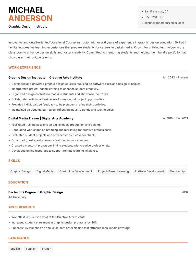 Vocational Course Instructor resume template — Modern Professional
