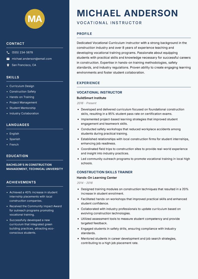 Vocational Curriculum Instructor resume template — Classic Clean