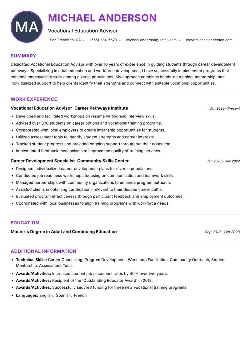 Vocational Education Advisor resume example — ATS-friendly template