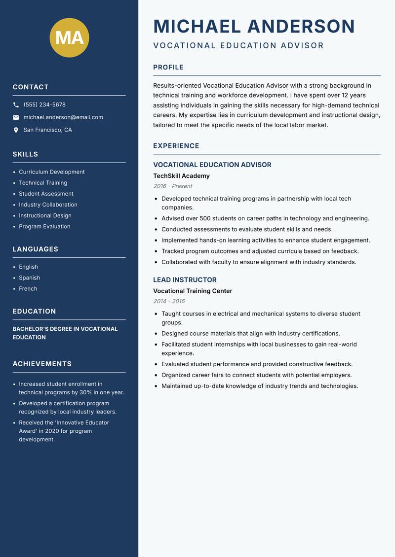 Vocational Education Advisor resume template — Classic Clean