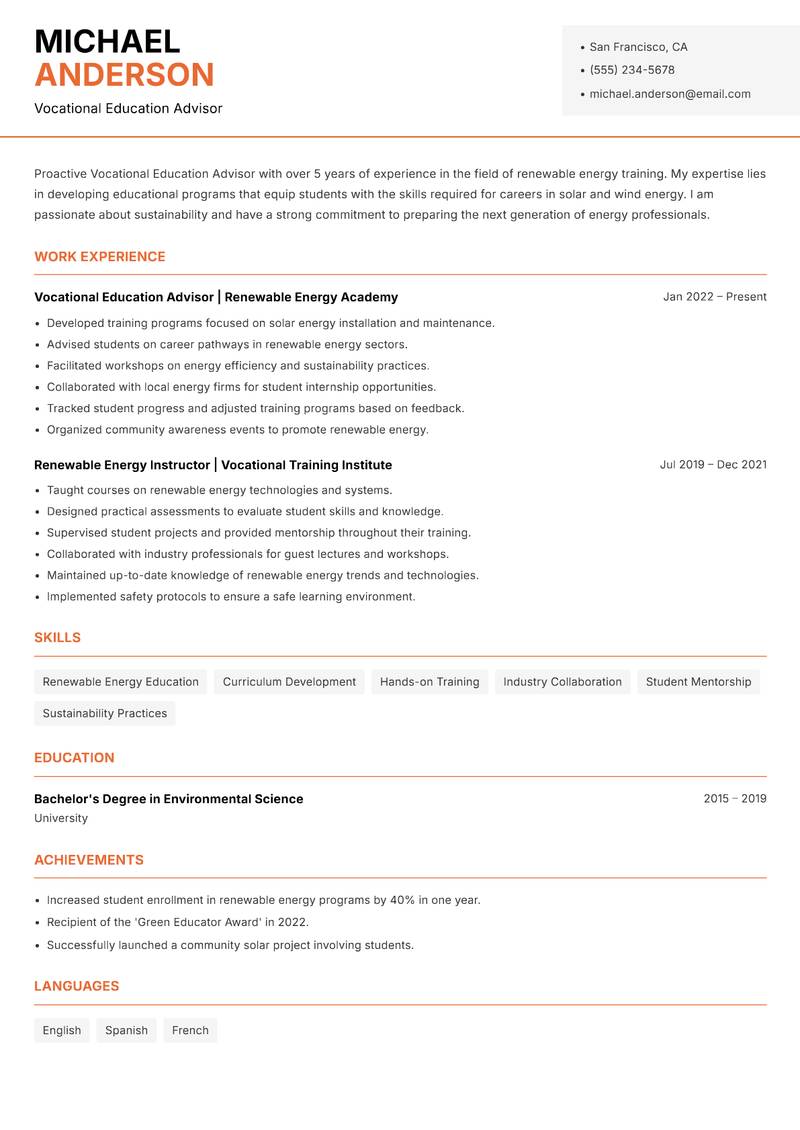 Vocational Education Advisor resume template — Modern Professional