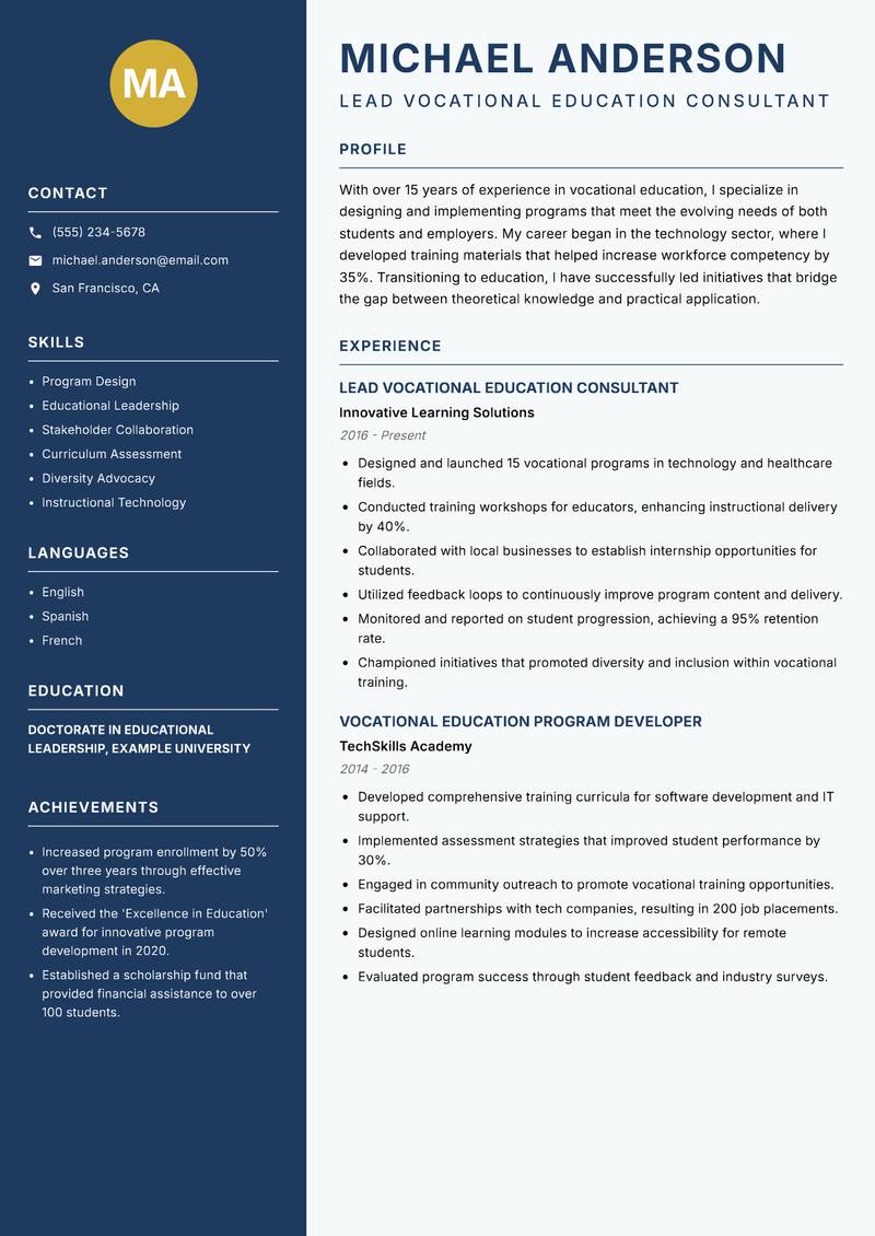 Vocational Education Consultant resume template — Classic Clean