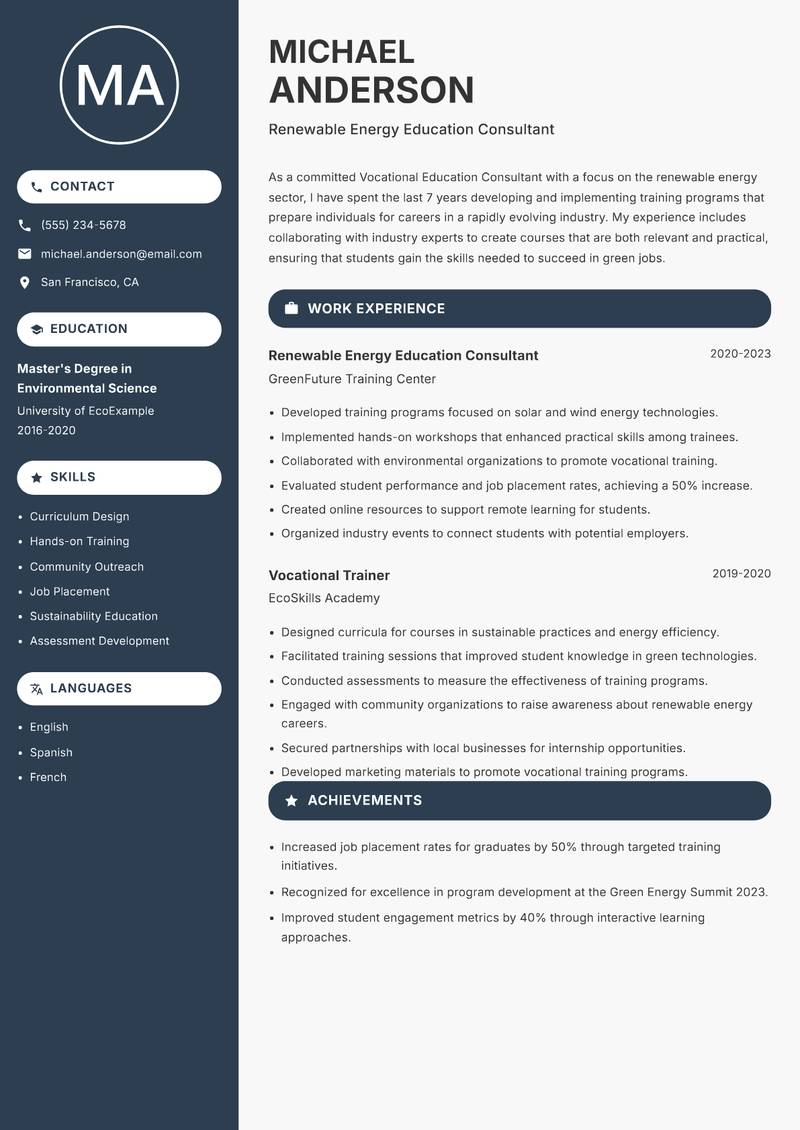 Vocational Education Consultant resume template — Compact