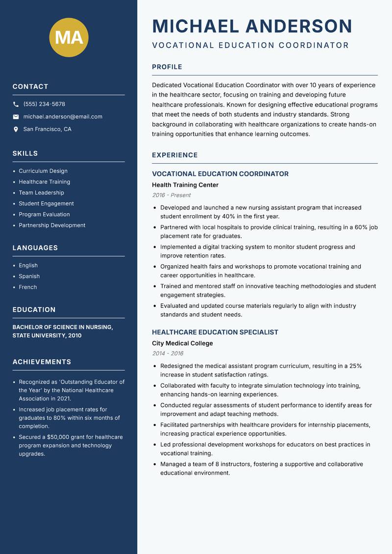 Vocational Education Coordinator resume template — Classic Clean