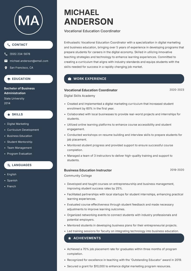 Vocational Education Coordinator resume template — Compact
