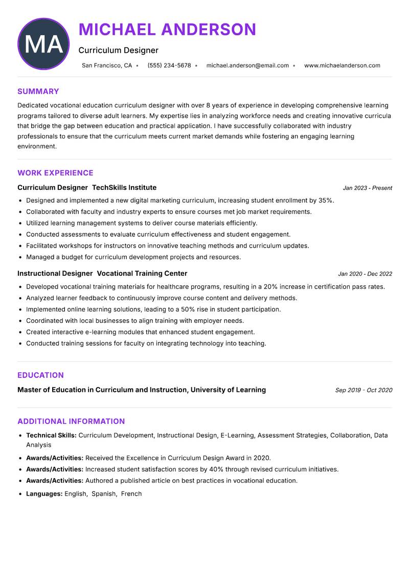 Vocational Education Curriculum Designer resume example — ATS-friendly template
