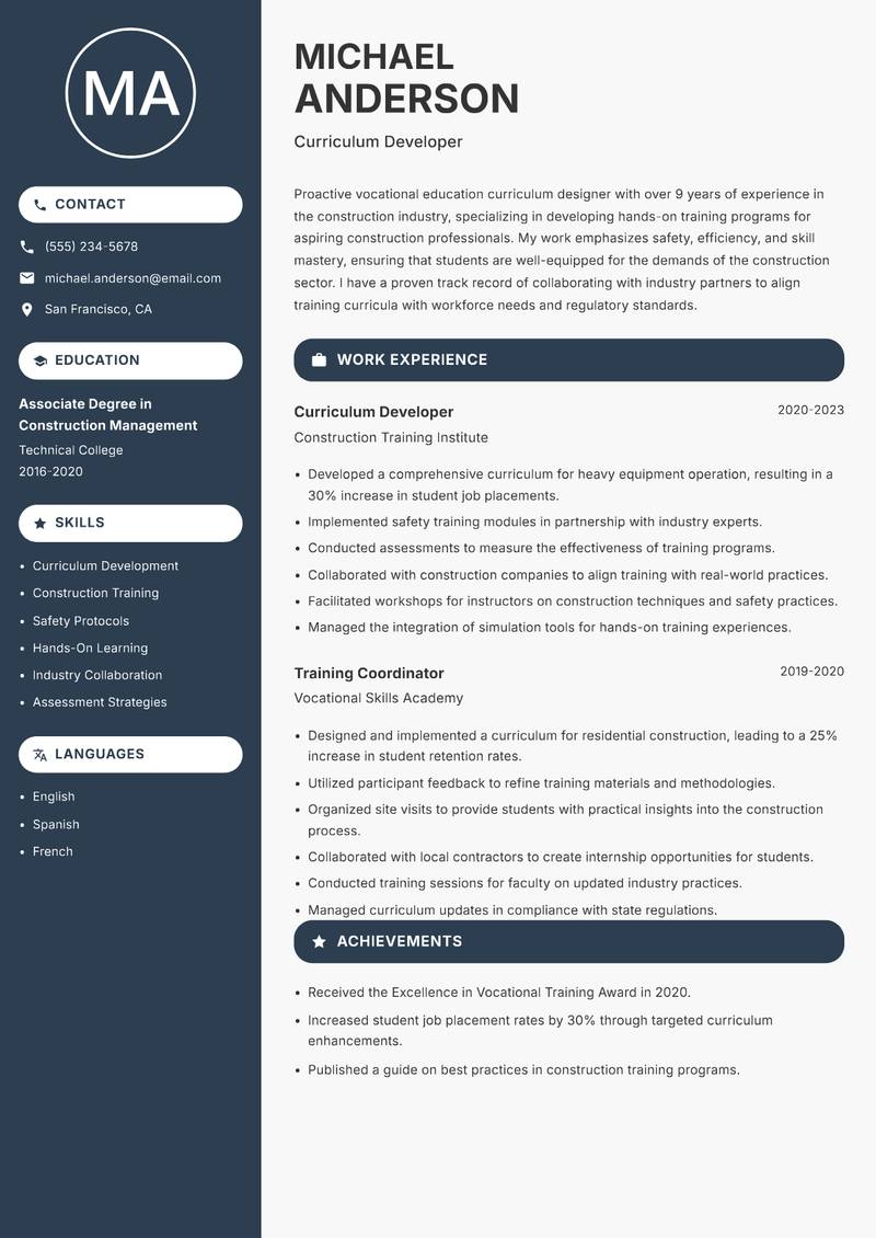 Vocational Education Curriculum Designer resume template — Compact