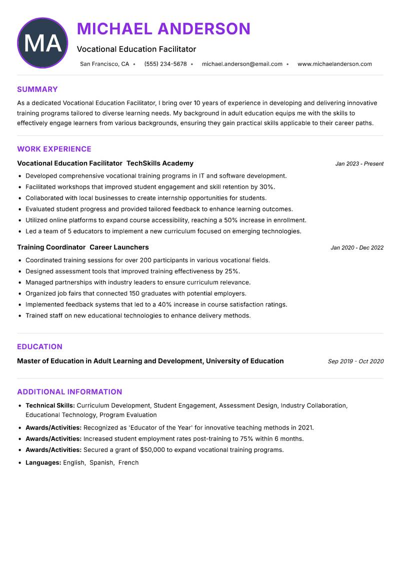 Vocational Education Facilitator resume example — ATS-friendly template