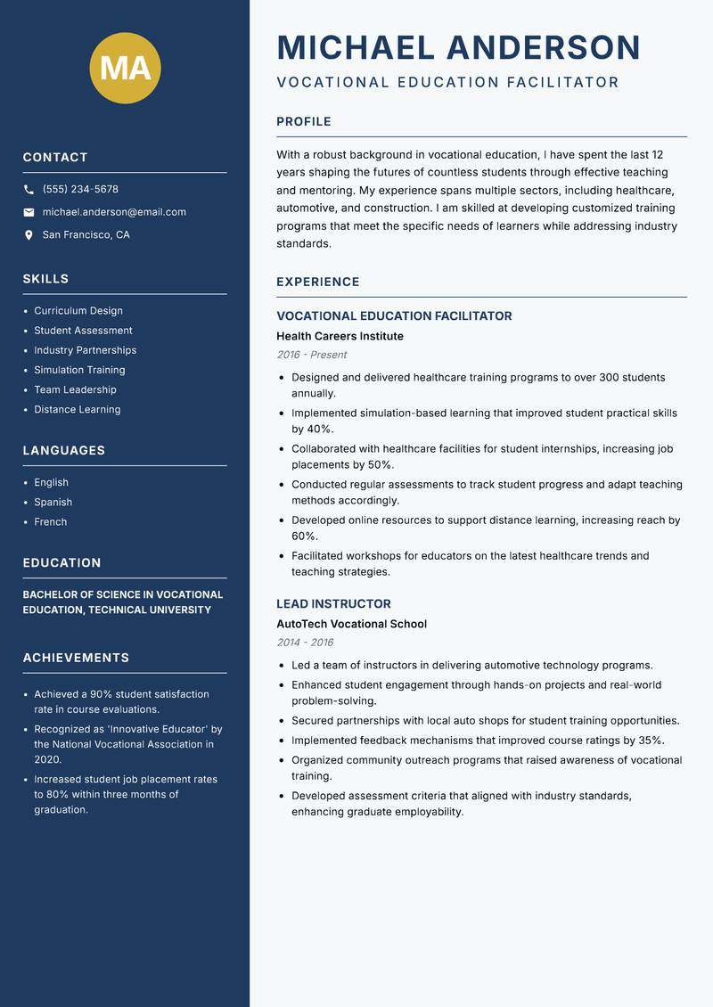 Vocational Education Facilitator resume template — Classic Clean