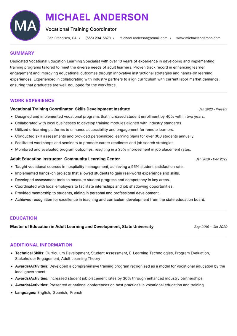Vocational Education Learning Specialist resume example — ATS-friendly template