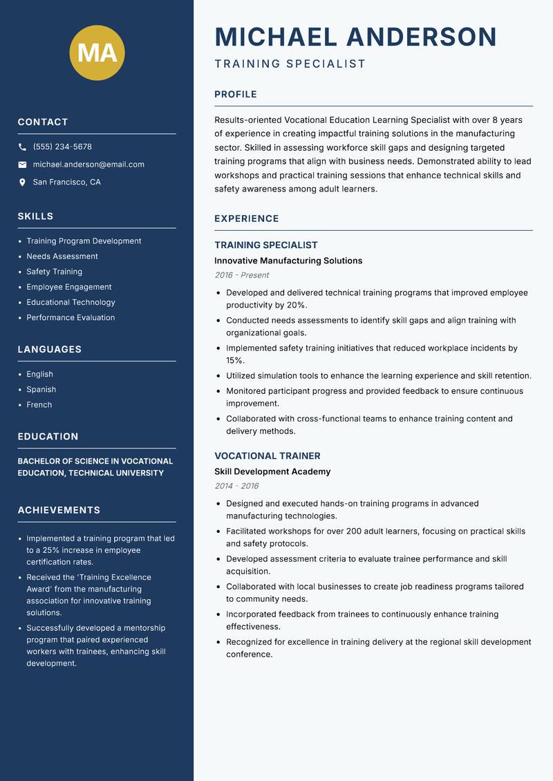 Vocational Education Learning Specialist resume template — Classic Clean