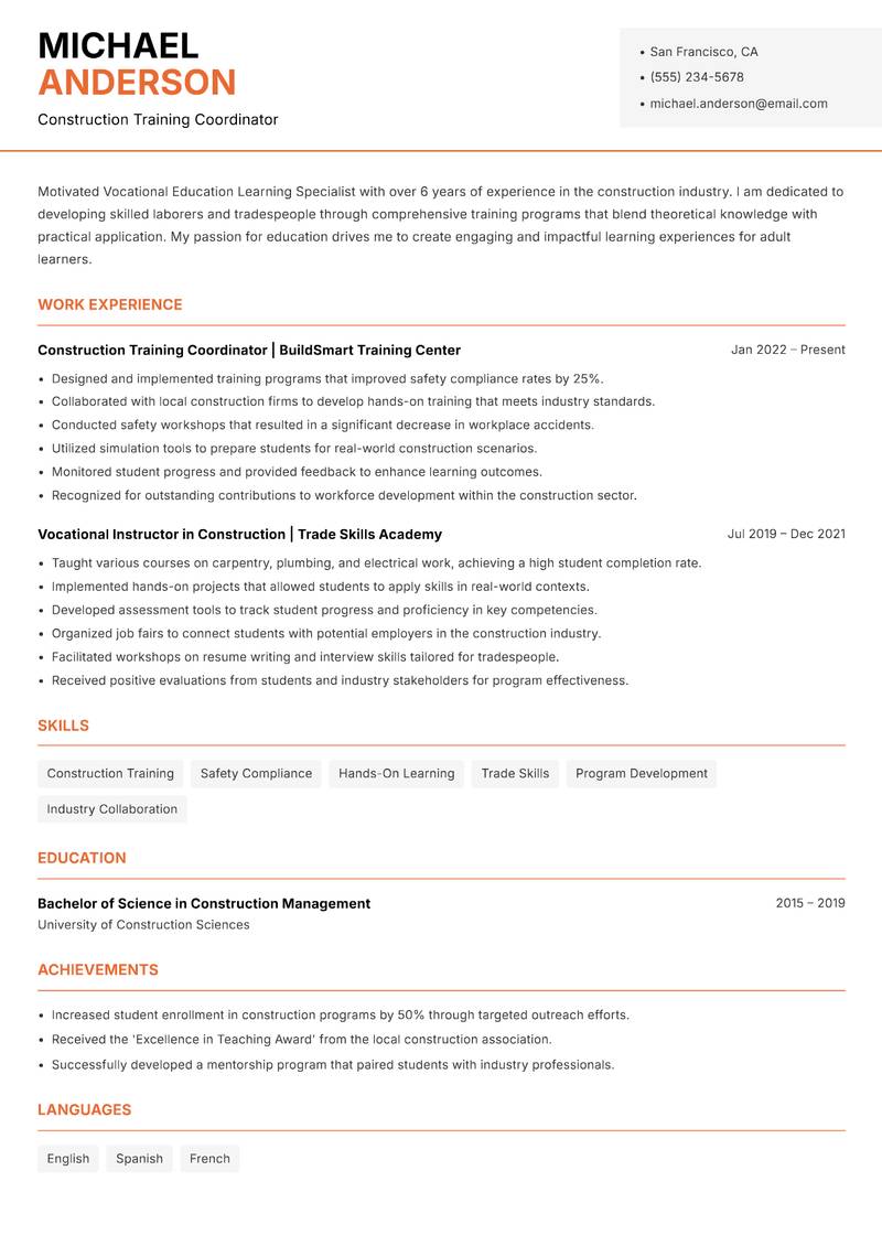 Vocational Education Learning Specialist resume template — Modern Professional