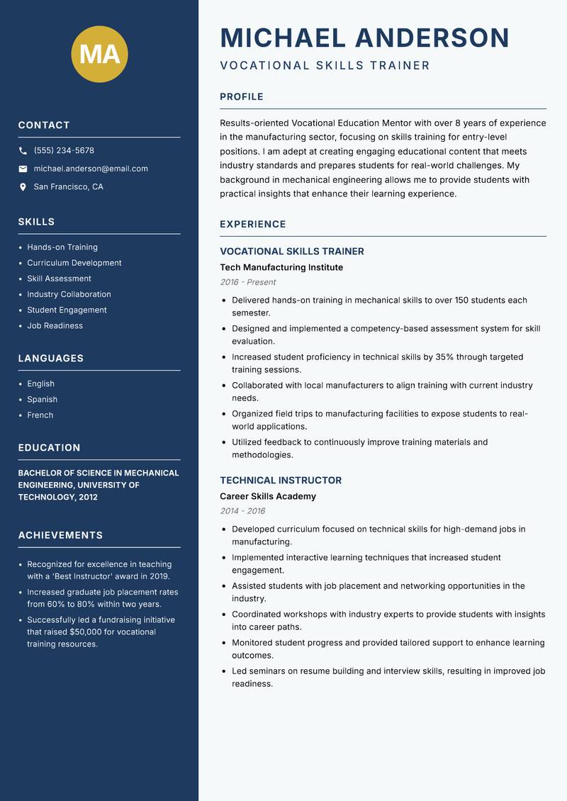 Vocational Education Mentor resume template — Classic Clean