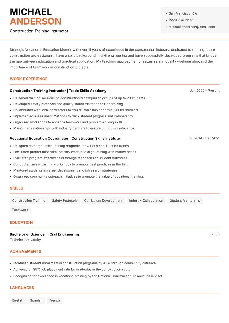Vocational Education Mentor resume template — Modern Professional