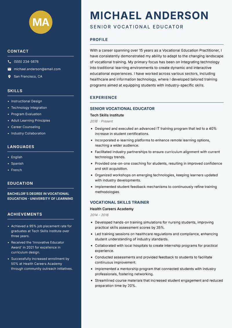 Vocational Education Practitioner resume template — Classic Clean
