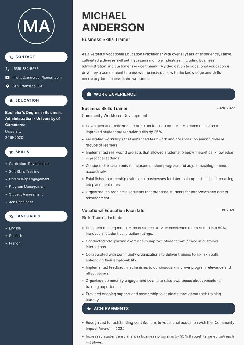 Vocational Education Practitioner resume template — Compact