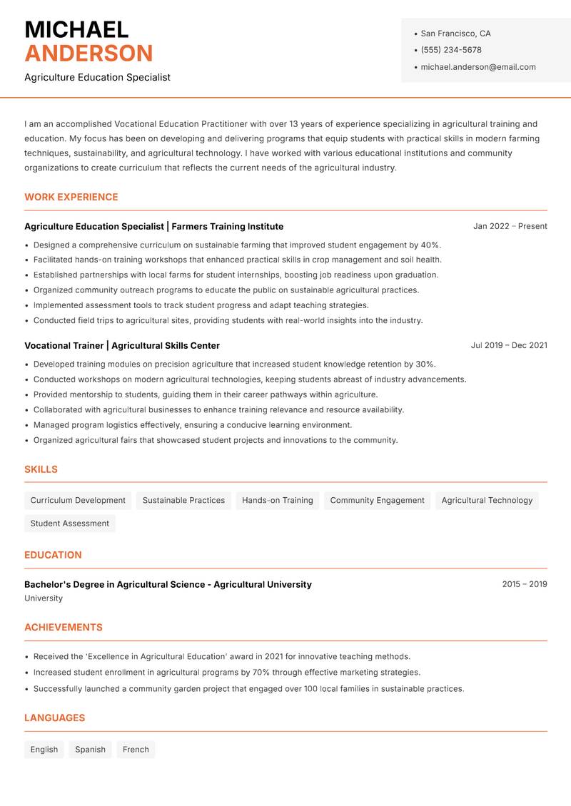 Vocational Education Practitioner resume template — Modern Professional