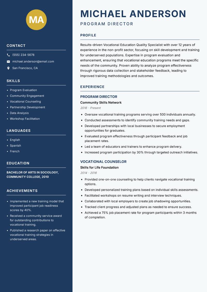 Vocational Education Quality Specialist resume template — Classic Clean