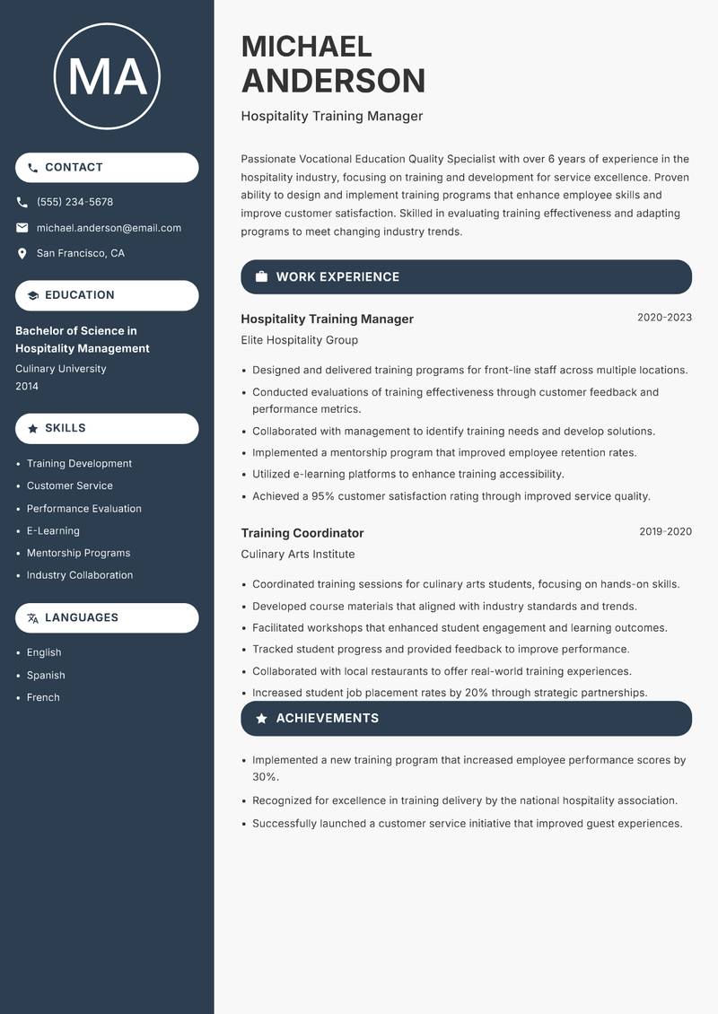 Vocational Education Quality Specialist resume template — Compact