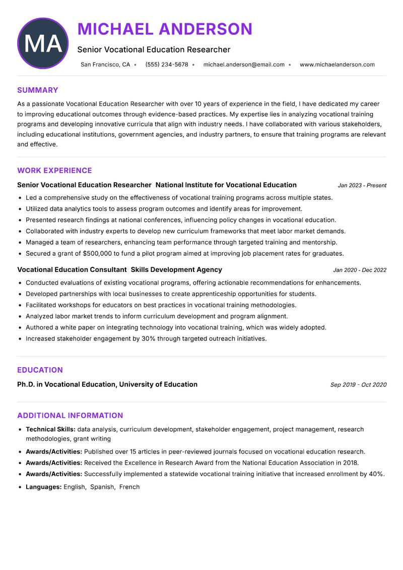 Vocational Education Researcher resume example — ATS-friendly template