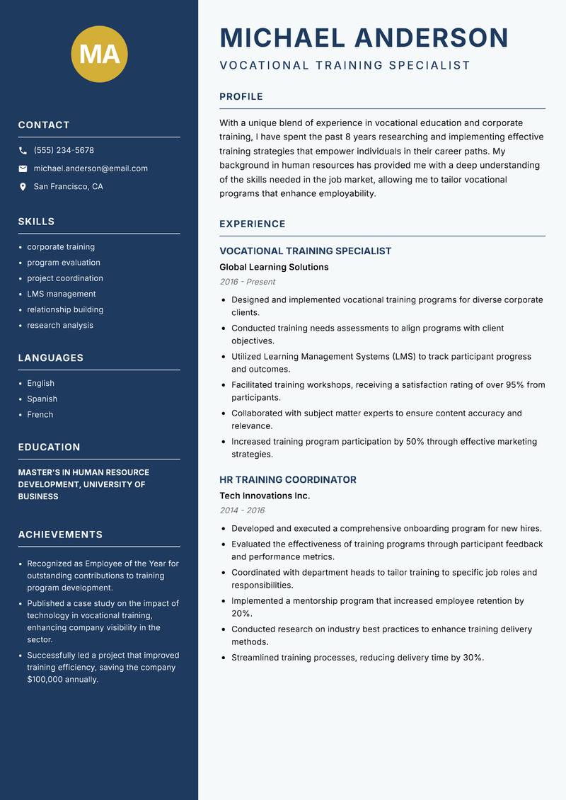 Vocational Education Researcher resume template — Classic Clean