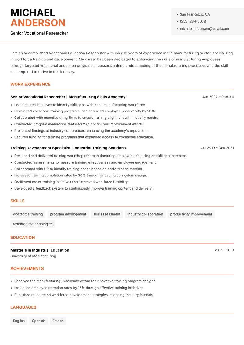 Vocational Education Researcher resume template — Modern Professional