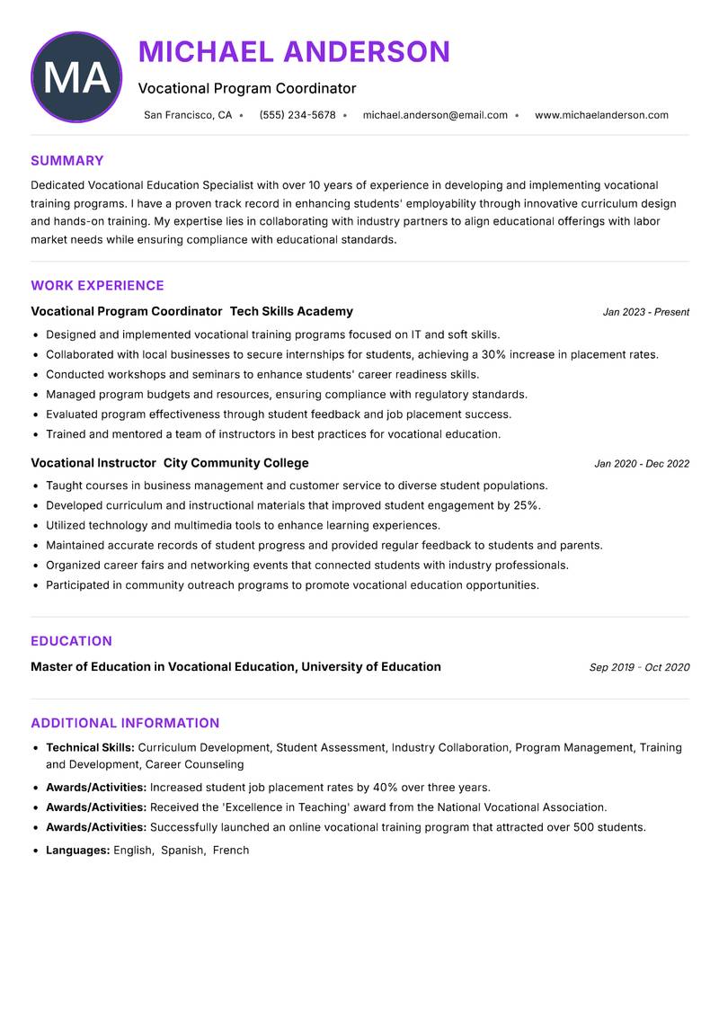 Vocational Education Specialist resume example — ATS-friendly template