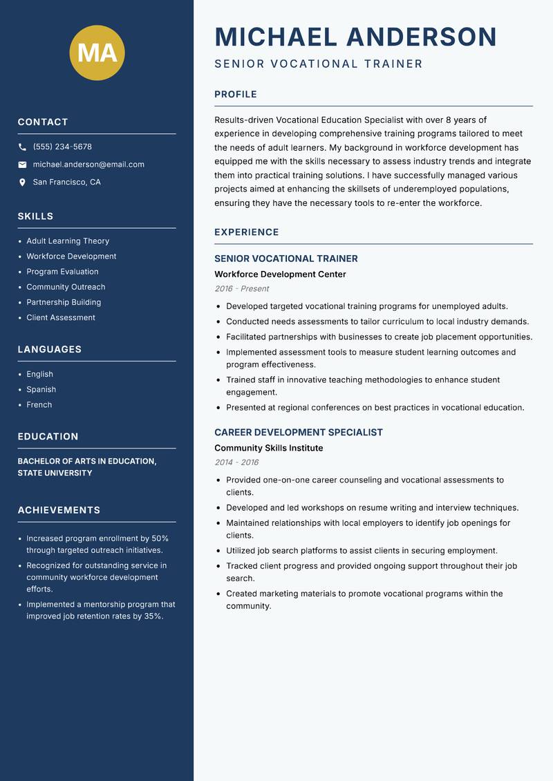 Vocational Education Specialist resume template — Classic Clean