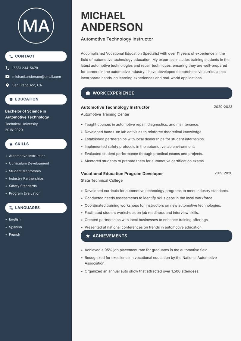 Vocational Education Specialist resume template — Compact
