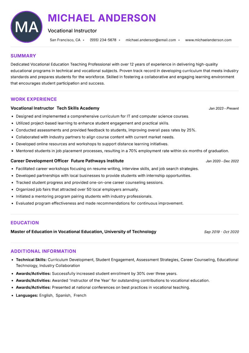 Vocational Education Teaching Professional resume example — ATS-friendly template