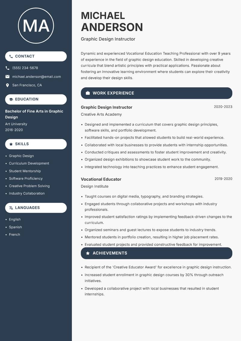 Vocational Education Teaching Professional resume template — Compact