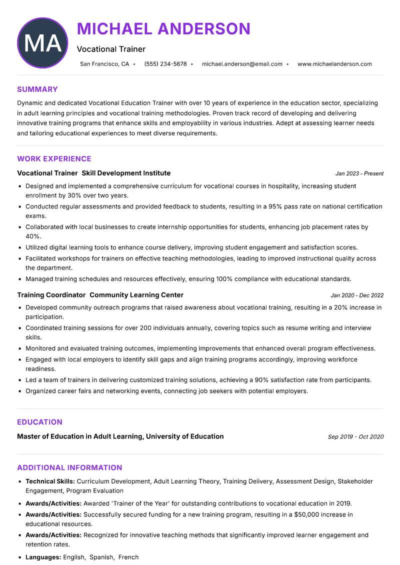 Vocational Education Trainer resume example — ATS-friendly template