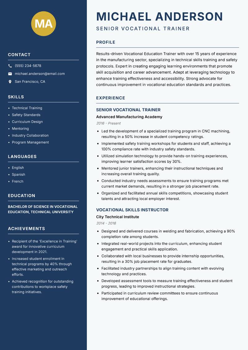 Vocational Education Trainer resume template — Classic Clean